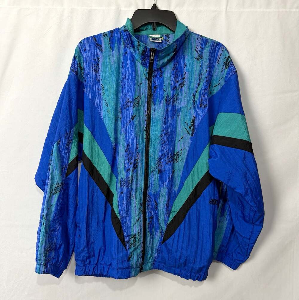 ASICS Vintage 90s Windbreaker Full Zip Jacket Blue/Green/Black XL